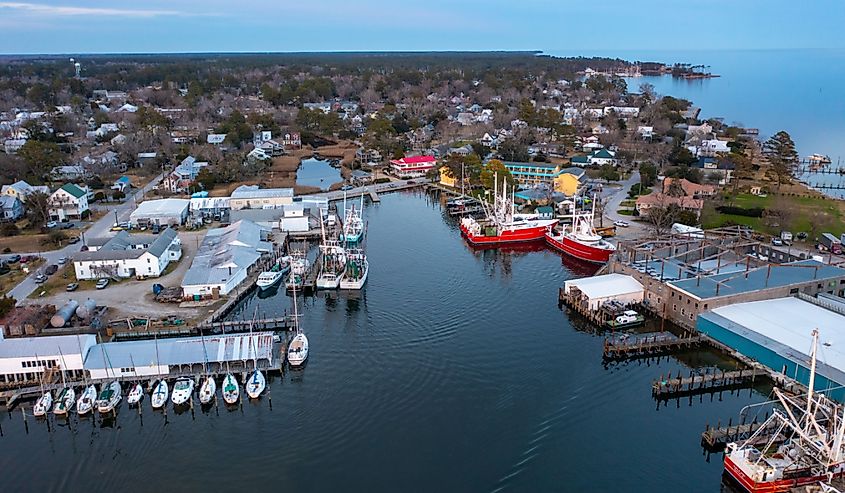 Aerial view of Oriental, North Carolina with marina at Dusk
