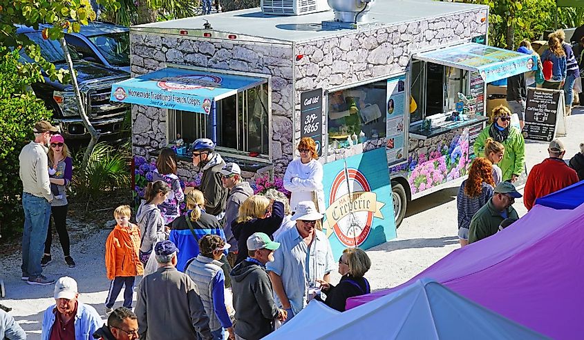 View of the Sanibel Island Farmers Market, a weekly market held on Sundays located in the Sanibel city hall in Lee County, Florida.
