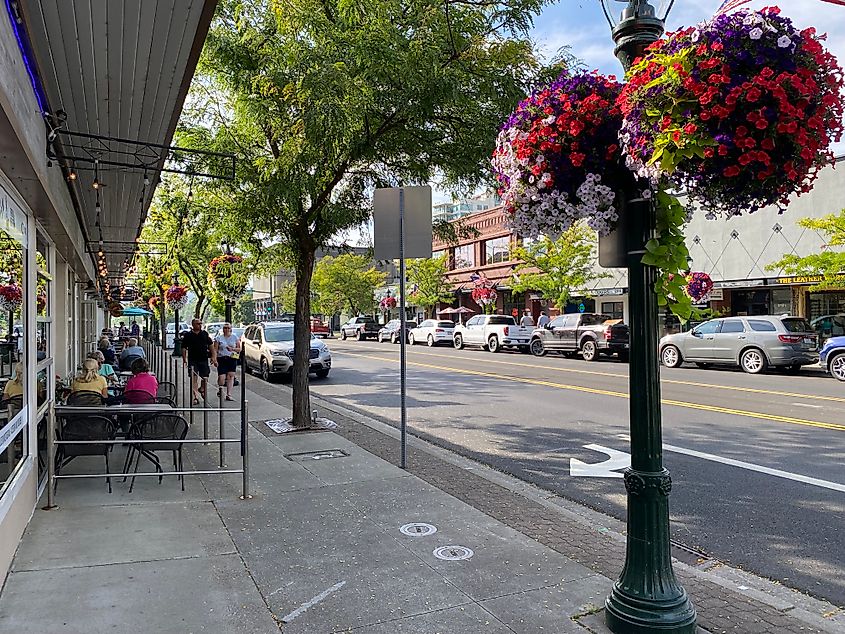 A popular tree and flowerpot-lined small town main street. 