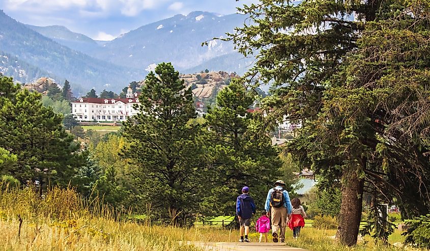 Three generations of family hiking near Estes Park, Colorado