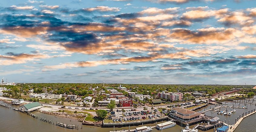 Amelia Islan, Fernandina Beach, Florida. Aerial panoramic view at sunset.