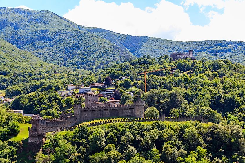 View of Montebello Castle and Sasso Corbaro Castle in Bellinzona, Switzerland.