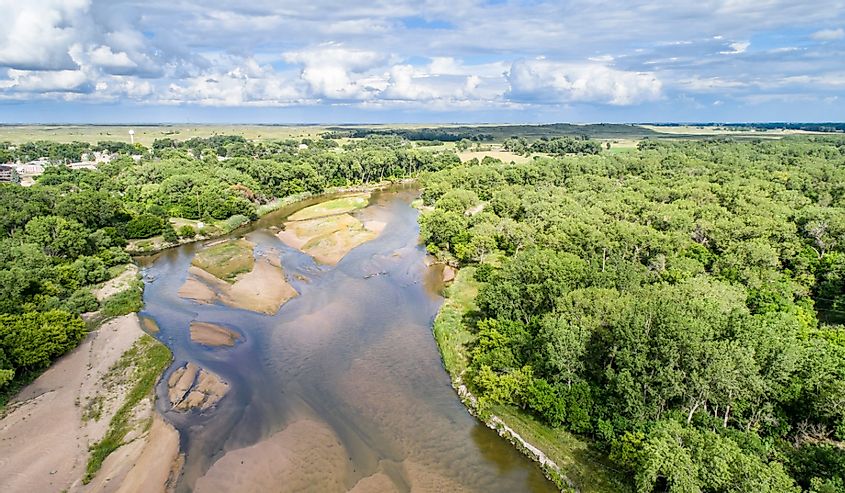 aerial view of shallow and braided Platte River, Nebraska in summer scenery