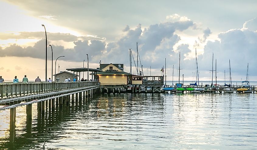 Building on Pier at Sunset in Fairhope, Alabama