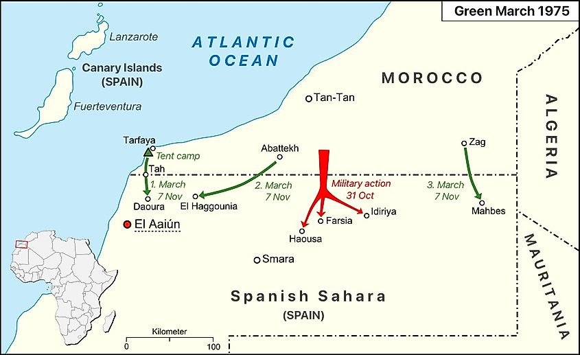 A map of the Green March in Western Sahara.