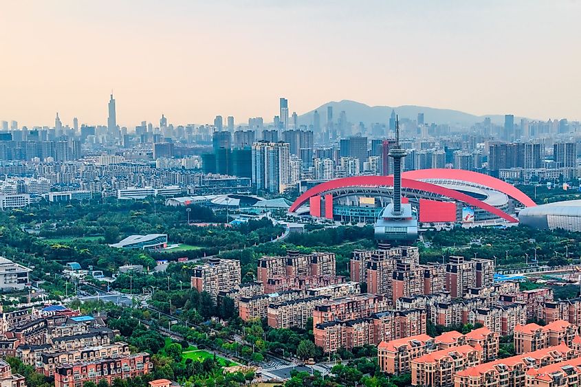 Aerial view of the city of Nanjing and the Nanjing Olympic Sports Center Stadium 