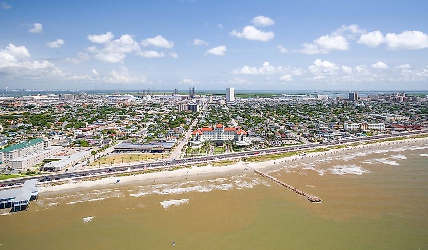 Galveston Island along the seawall from the air