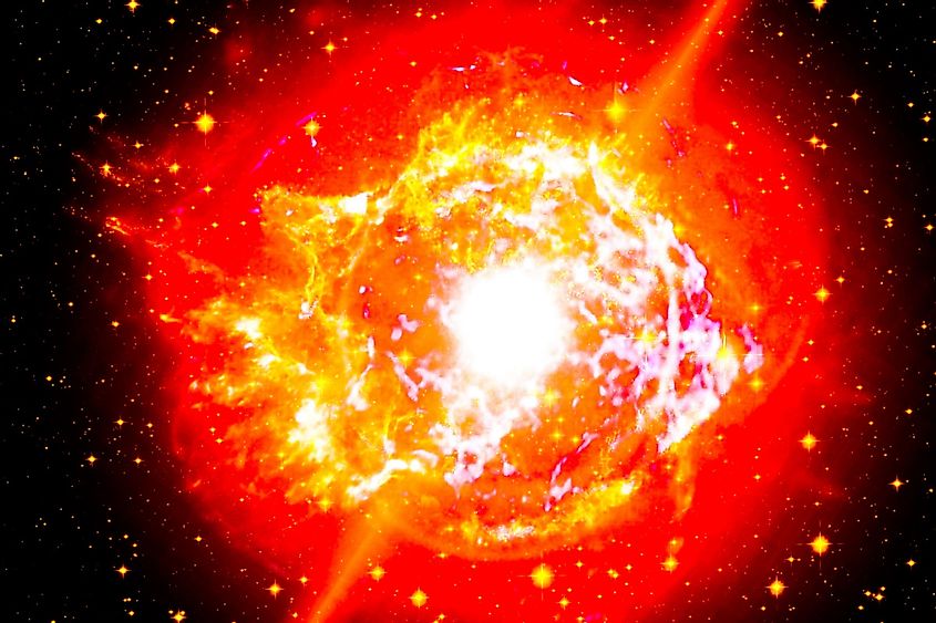 A 3d rendering of a red hypergiant star exploding in a tremendous hypernova explosion releasing enormous amount of energy and leaving a black hole