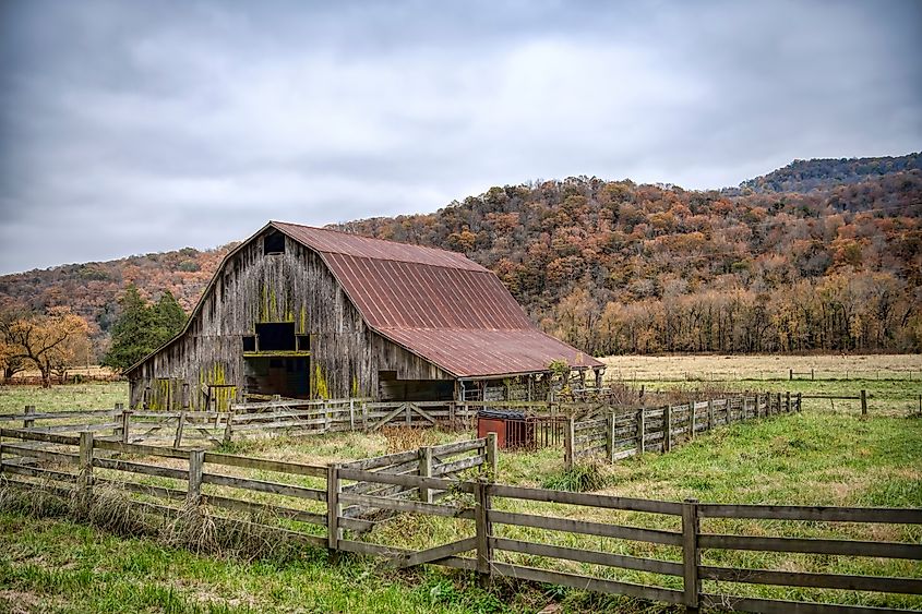 Weathered Old Barn in Boxley Valley in the Ozark Mountains of Arkansas in Fall.