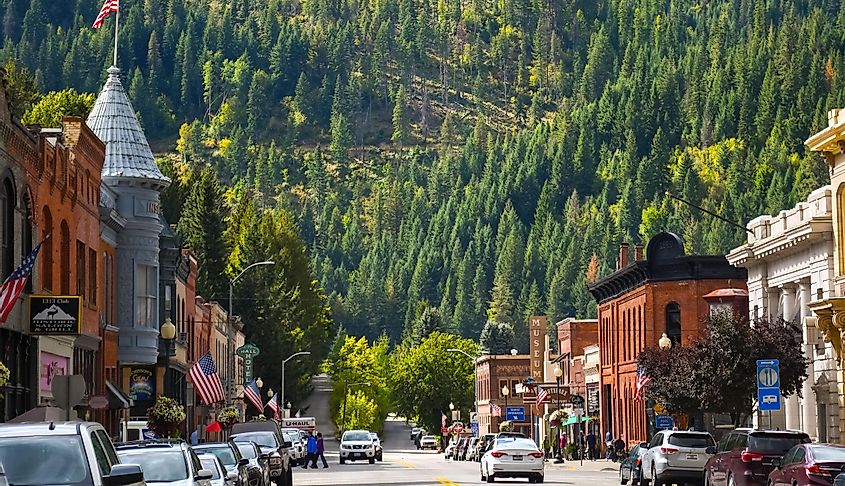 Main street with it's turn of the century brick buildings in the historic mining town of Wallace, Idaho, in the Silver Valley area of Northwest USA