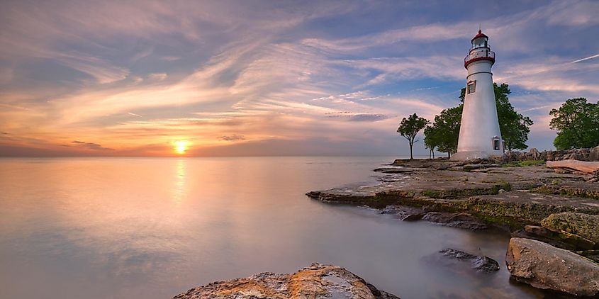 The Marblehead Lighthouse on the edge of Lake Erie in Ohio, USA. Photographed at sunrise.