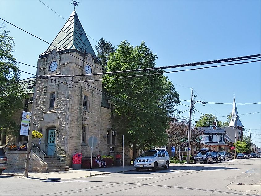 The post office of Westport, Ontario with Westport United Church visible in the background