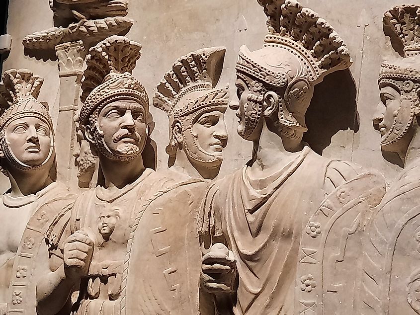 This relief depicts six Praetorians in parade armour. It comes from a triumphal arch in Rome that commemorated Claudius' conquest of Britain.