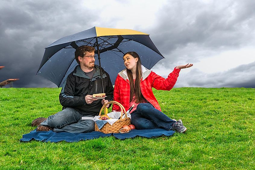 A stoic would avoid being bothered by forces outside of their control, such as bad weather on a planned picnic.
