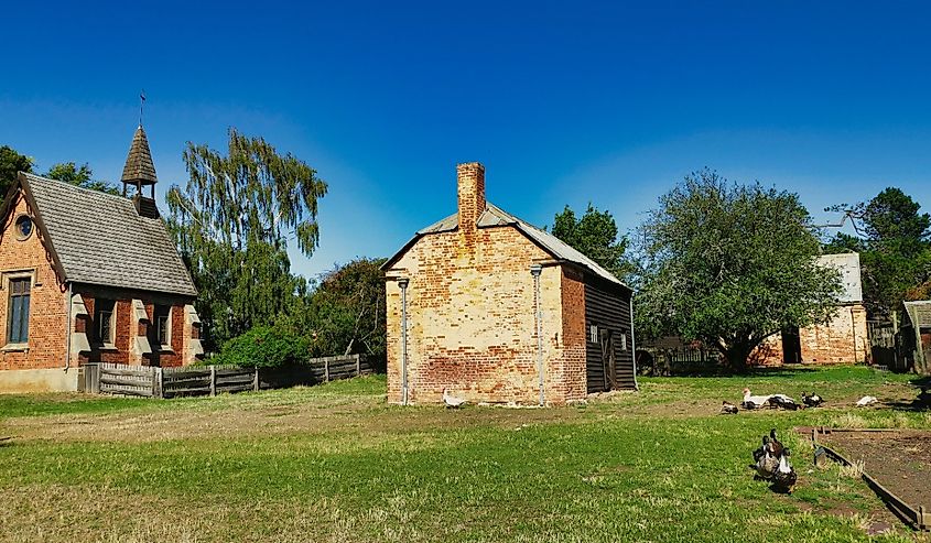 Tiny church, farm buildings and ducks in the historic farm and convict village Brickendon (1824), Longford, Tasmania, Australia, a world heritage site