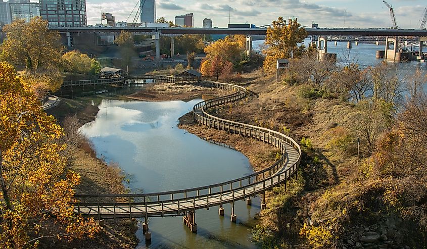 Little Rock downtown seen over the "Bill" Clark Wetlands located in the Clinton Presidential Park, Arkansa