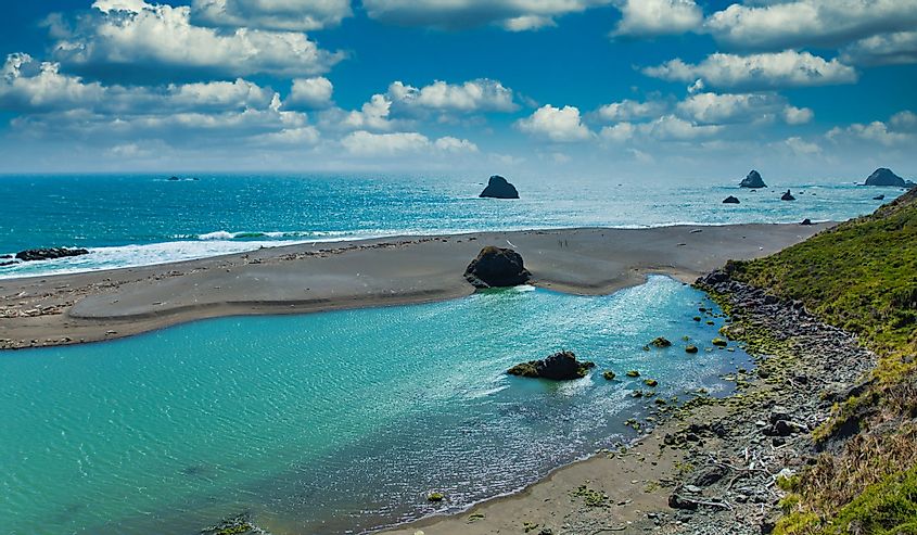 Rocks and beach of Russian River emptying into Pacific Ocean at Jenner, California