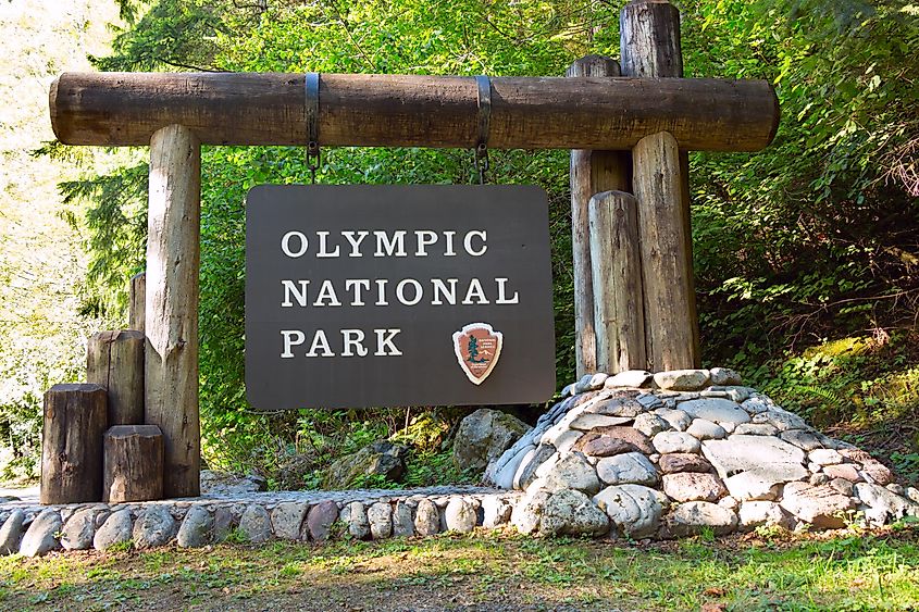 The Olympic National Park sign, near Lake Cushman, Hoodsport, Washington, USA.