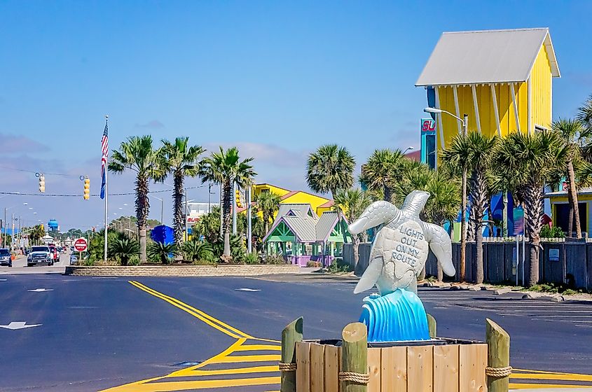 A turtle sculpture stands in Gulf Shores, Alabama. 