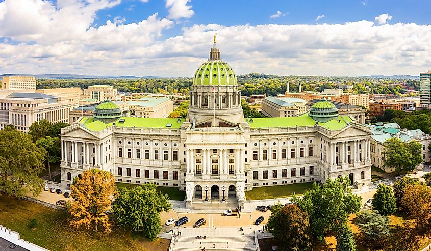 Drone view of the Pennsylvania State Capitol, in Harrisburg