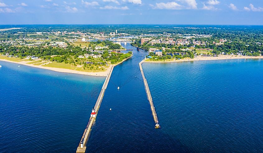 Aerial view of St. Joseph, Michigan with views of downtown, the state park, the St. Joseph Lighthouse, and St. Joseph River