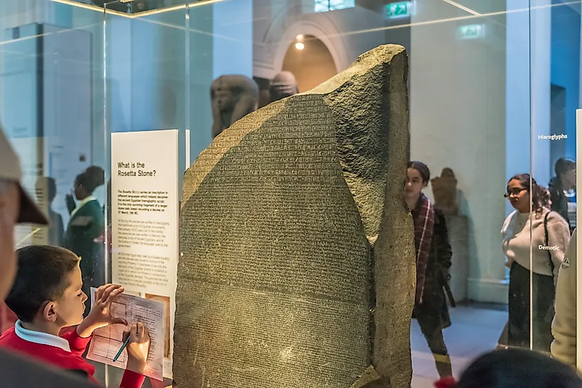 The Rosetta Stone is protected by bulletproof glass boxes in the British Museum, London, United Kingdom.