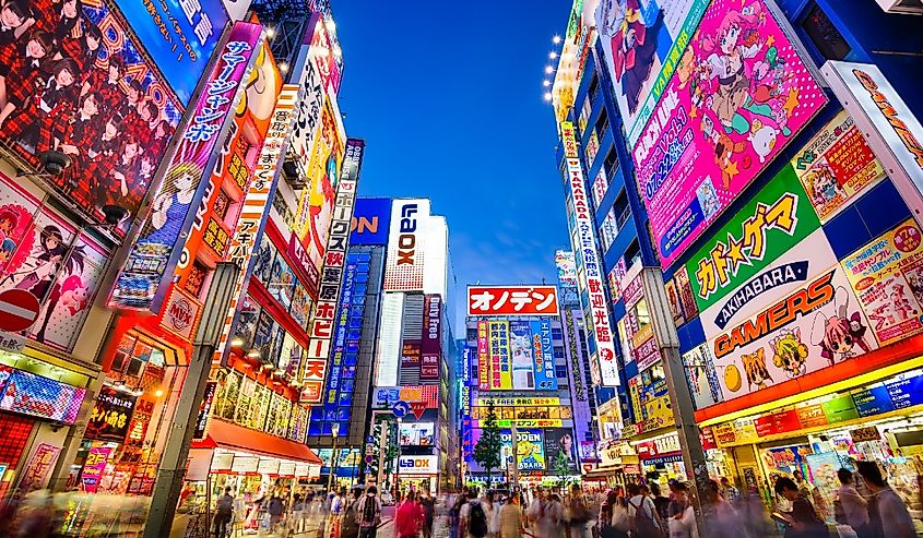 Crowds pass below colorful signs in Akihabara. The historic electronics district has evolved into a shopping area for video games, anime, manga, and computer goods.