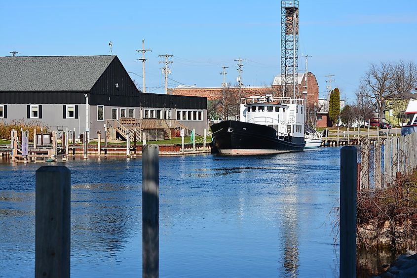 River scene on the Cheboygan, Michigan river and the inland waterway with docks and boats