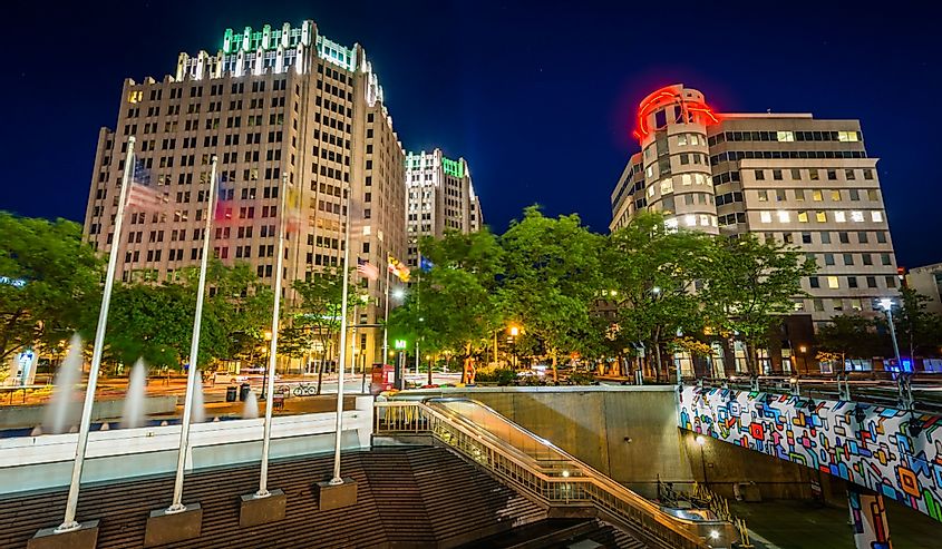 Modern buildings and metro station at night, in downtown Bethesda, Maryland