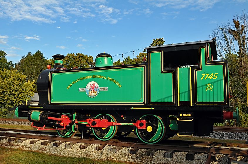 The Flying Duchess, a restored British steam engine, is on display at the La Grange Railroad Museum in Kentucky