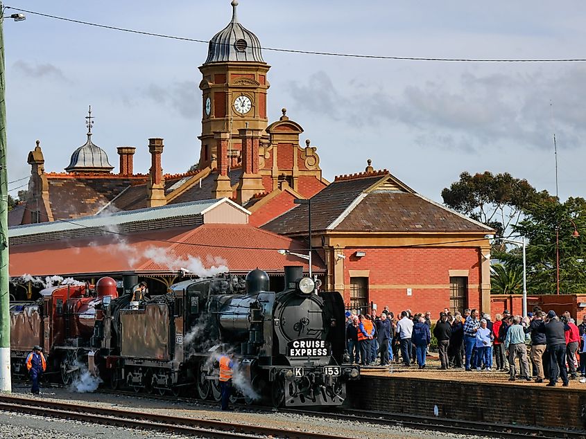 Historic vintage steam locomotives arrive at the grand Maryborough station.