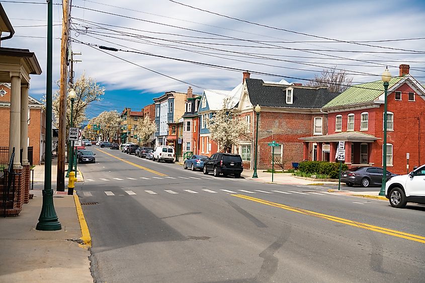 A street lined by historic buildings in Martinsburg, West Virginia
