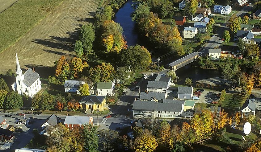 Aerial view of Waitsfield, Vermont and the Mad River on Scenic Route 100 in Autumn
