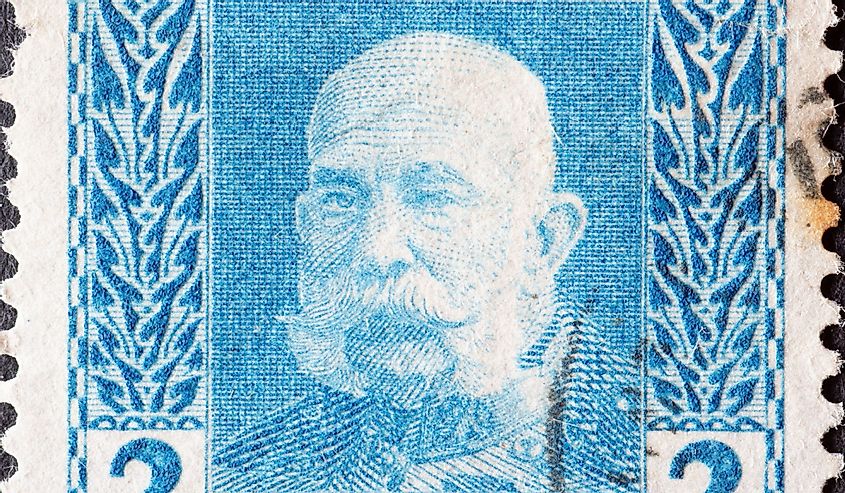 A postage stamp bearing the face of Emperor Franz Joseph I