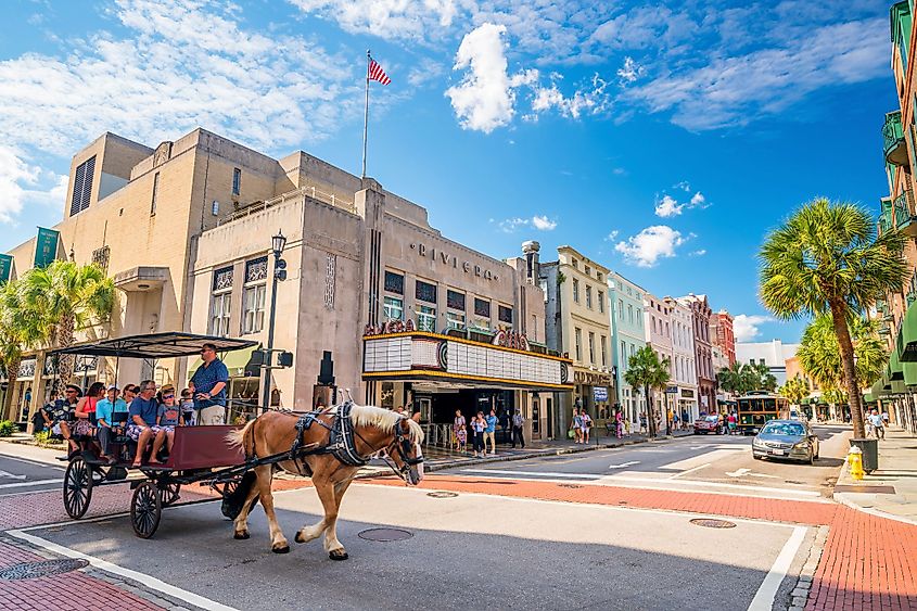 Colorful and well-preserved historic colonial style buildings in Charleston Downtown District