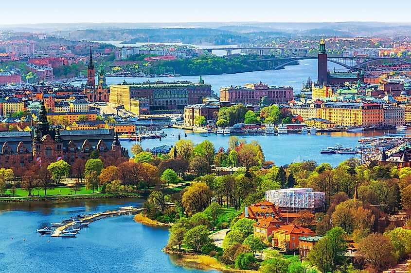 Scenic summer aerial panorama of the Old Town (Gamla Stan) architecture in Stockholm, Sweden