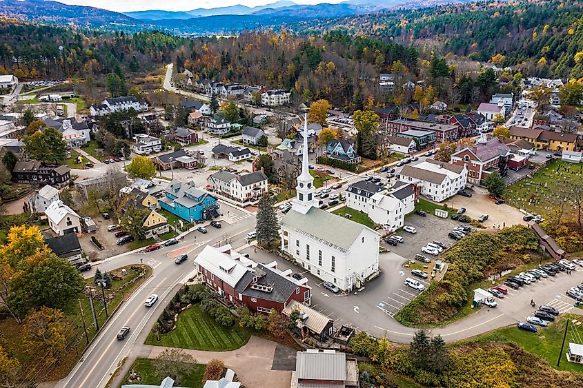 Aerial view of the picturesque town of Stowe, Vermont.