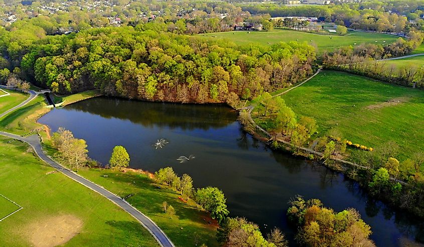 The aerial view of the pond near Carousel Park, Pike Creek, Delaware, U.S.A