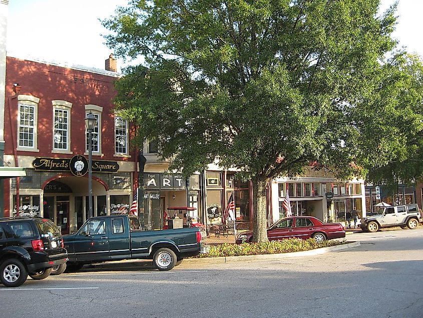 Storefronts built in the 1890's house retailers and restaurants along East Public Square in downtown Washington, Georgia's Commercial Historic District