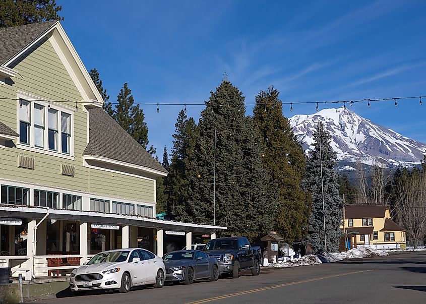 McCloud, California, with Mount Shasta in the background.