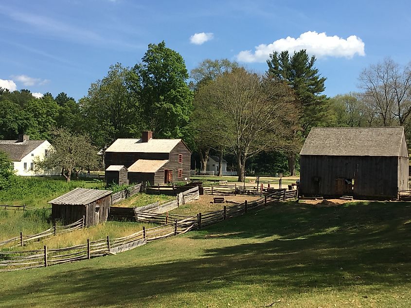 Historic rural scene with wooden barns and houses set among trees under a bright sky. Fences and grassy fields create a peaceful, pastoral feel.