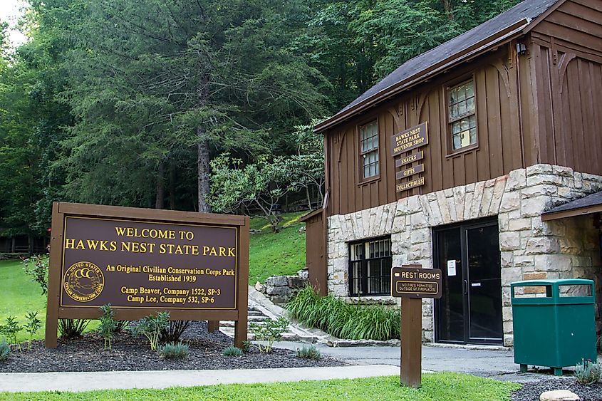 Entrance to Hawks Nest Gift Shop and ranger station in Ansted, West Virginia