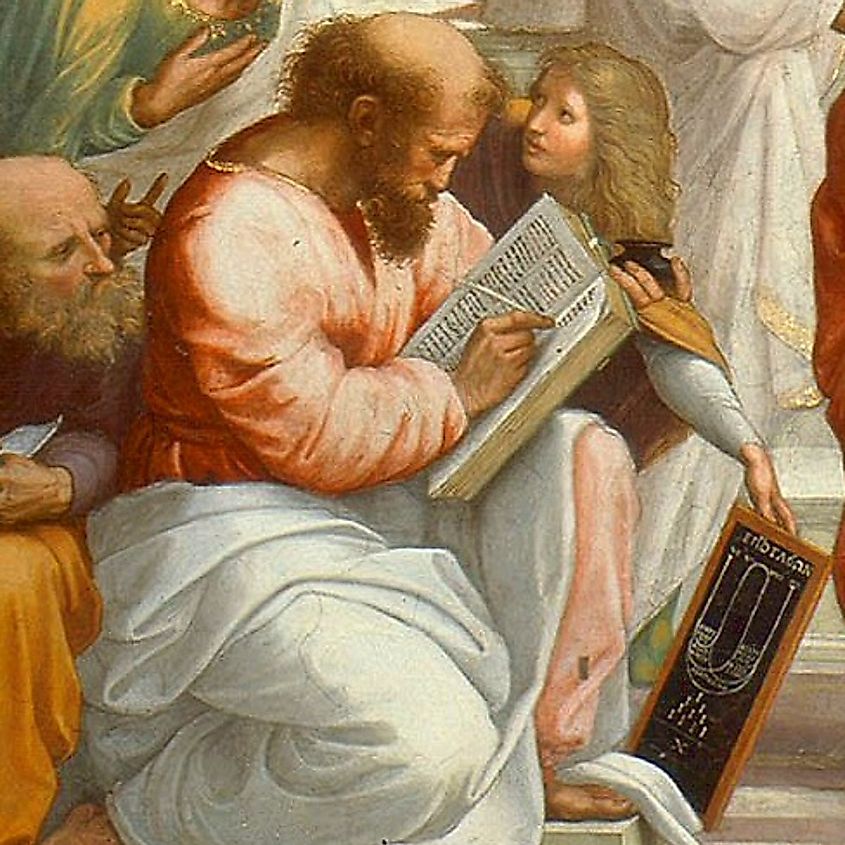 Pythagoras with a tablet of ratios, numbers sacred to the Pythagoreans, from The School of Athens by Raphael