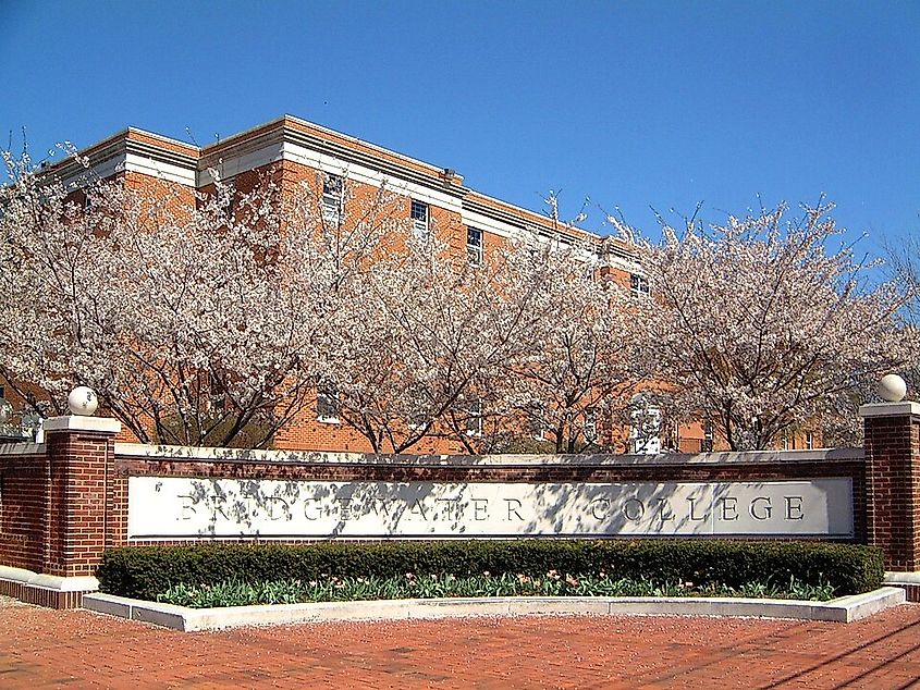 College gate with cherry trees, Bridgewater College, Virginia.