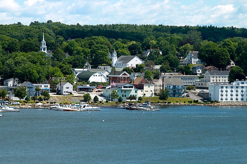View of the downtown and harbor of Bucksport, Maine and the Penobscot River