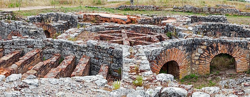 View of praefurnium in a Roman hypocaust ruin.