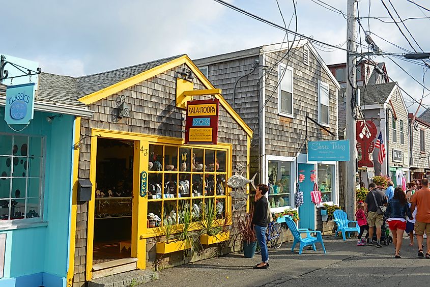 Historic galleries on Bearskin Neck in Rockport, Massachusetts.