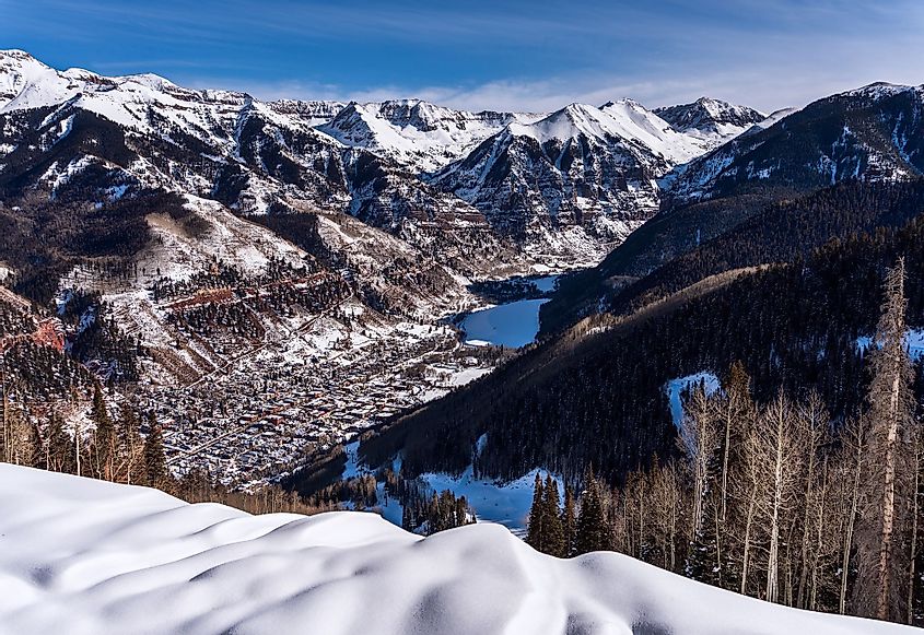 Aerial view of Telluride and the San Juan Mountains in winter