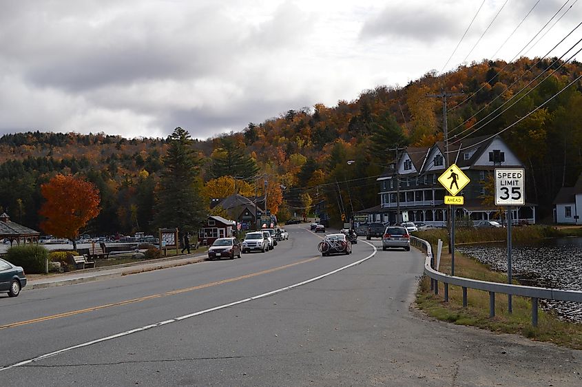 The hamlet of Long Lake approaching on N.Y. Route 30 from the bridge