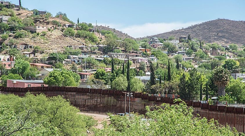 Border fence separating the United States and Mexico from Nogales, Arizona.